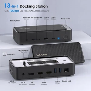USB C Docking Station w/M.2 PCIe/SATA SSD Enclosure 100W PD 4K HDMI DP RJ45 - Picture 1 of 6