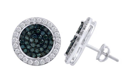 1 1/2 Ct White & Blue Diamond Cluster Stud Screw Back Earrings in 10K Gold - Image 1 of 4