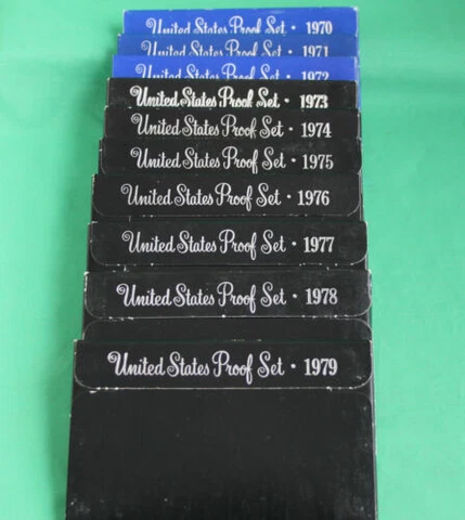 1970 - 1979 TEN Annual United States Mint Proof Sets 57 Coins Lot of 10 Complete Cover