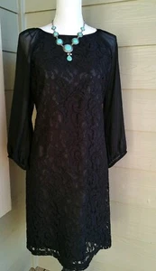 COLDWATER CREEK Lace Scroll Black Dress w/ Lining Sz 14 NWT Sheer Long Sleeve - Picture 1 of 12