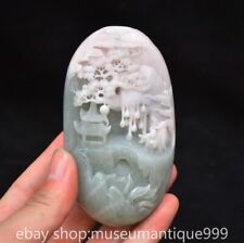 4" Chinese Natural Dushan Jade Carving Mountain Tree People Handle Piece Statue