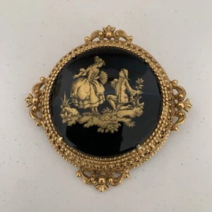 VINTAGE SIGNED FLORENZA GOLDTONE FILIGREE FRAGONARD SCENE BROOCH PIN - Picture 1 of 10
