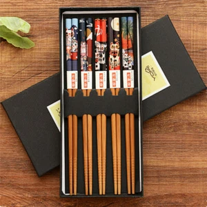 5 Pairs Reusable Chopsticks Japanese Natural Wooden Hand-Carved Chop Sticks - Picture 1 of 14