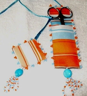 Turquoise Orange Stripe Beaded Ribbon Scissor Case & Pincushion W/ Scissor - NEW - Image 1 of 3