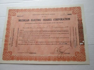 (1) JULY 24 1929 MICHIGAN ELECTRIC SHARES CORPORATION. STOCK CERTIFICATE, 9 SHAR - Picture 1 of 2