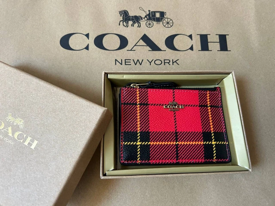 NWT COACH Mini Skinny Id Case Wallet Plaid Print With Gift Box Red Black Holiday - Imagem 1 de 1