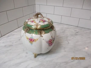Antique NIPPON Porcelain Biscuit Jar Floral With Gold Trim and Beading Footed - Picture 1 of 13