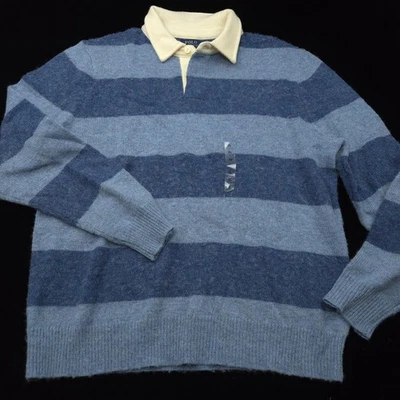 Polo Ralph Lauren 100% WOOL Sweater -XL BLUE STRIPE WHITE COLLAR Rugby $398 - Image 1 of 4
