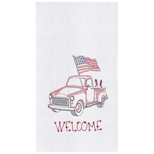 Patriotic 4th of July Red Truck Flour Sack Embroidered Kitchen Towel Dishtowel - Picture 1 of 2