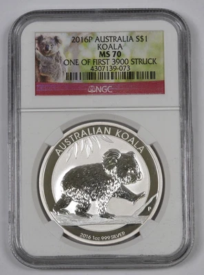 Moneda de plata Koala Australiano 2016-P 1 oz NGC MS70 una de las primeras 3900 acuñadas Foto 1 de 2