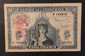 Neue Hebriden Banknote 5 Francs blau Minerva Überladung Freies Frankreich 1944 - Bild 1 von 2