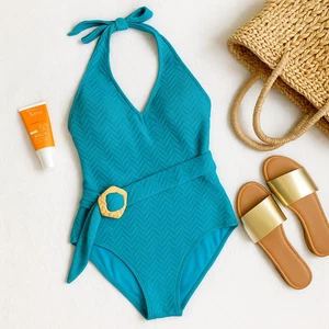 Costume da bagno Trina Turk Empire Halter pezzo unico Marine Teal Chevron metallizzato taglia 14 - Foto 1 di 9