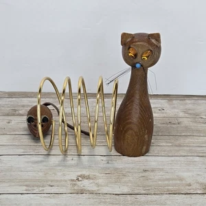 Vintage MCM Braun Holz Katze & Maus Post Brief Halter Japan Kitsch - Bild 1 von 12
