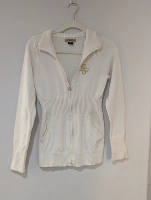 Vtg Guess Full Zip Cardigan Sweater Women Small Cream Gold Logo SMALL HOLE - Image 1 of 4