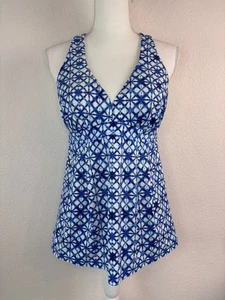 Lands' End Damen 10 Blau Weiß V-Ausschnitt Tankini Schwimmen Oberteil Racerback Kabellos - Bild 1 von 5