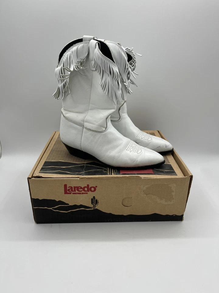 Vintage USA Laredo Tassel Fringe Leather Western Cowgirl  Boots Women 8 M White - Image 1 of 4