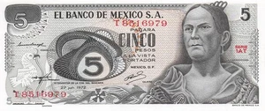Mexiko 5 Pesos 27.6.1972 Serie 1AT Präfix T Stempelglanz Banknote HJ - Bild 1 von 2