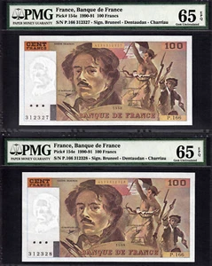 France 2 Consecutive 100 Francs 1990 Pick-154e GEM UNC PMG 65 EPQ - Picture 1 of 2