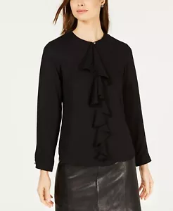 Nine West Ruffle Front blouse Black Long Sleeved pearl button size L UK 14 - Picture 1 of 8
