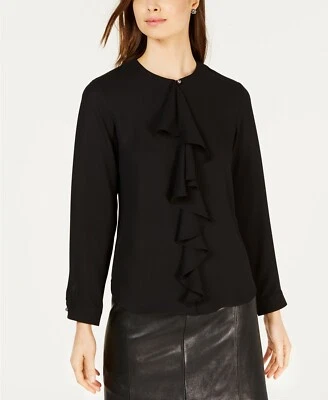 Nine West Ruffle Front blouse Black Long Sleeved  pearl button size L UK 14 - Image 1 of 4