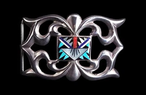 Multicolor and Sterling Belt Buckle - Zuni Handmade - Picture 1 of 1