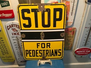 Vintage Retired STOP FOR PEDESTRIANS Heavy Porcelain Road Sign - Picture 1 of 6