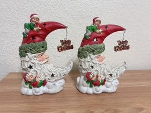 2 Santa Half Moon and Elves Ceramic Tea Light Candle Holder Christmas 8" - Picture 1 of 16