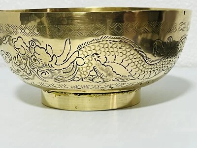 Vintage Chinese Brass Double Dragon Etched Bowl Footed Decor 6"x3" - Image 1 of 4