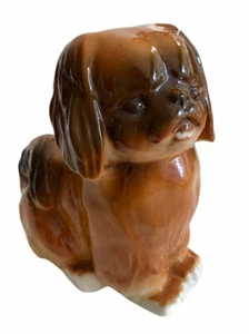 Estatuilla de perro pequinés vintage marrón cerámica sentado cachorro esmaltado - Imagen 1 de 10