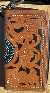 NWT Myra Bag Wallet Floral Hand Tooled Leather 8.25" x 4.25" Western Boho Style - Picture 1 of 4