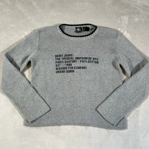 Vintage Y2K DKNY Sweater Women's Size Medium Gray Knit Spellout Cotton READ* - Picture 1 of 9
