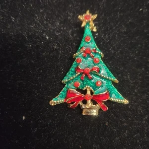 Broche vintage esmaltado árbol de Navidad rojo, verde, dorado - Imagen 1 de 3