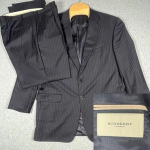 Burberry Men 2 Button Suit 44L Navy Blue Pinstripe Kensington 100% Wool See Pics - Picture 1 of 22