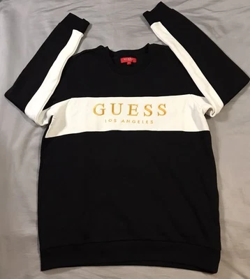 Guess Sweater Mens Large Black White Gold Logo Striped Fleece Zlined - Image 1 of 4