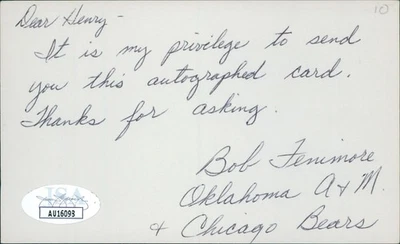 Bob Fenimore Chicago Bears Signed 3x5 Index Card JSA Authenticated Personalized - Image 1 of 2