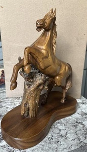 Beautiful Wild Stallion Horse Hand-carved Wooden Statue 14” Tall  11” Base - Picture 1 of 9