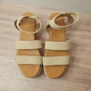 Platform Wedge Sandals W/ Raffia-like Textile Uppers, Cork Heels & White Soles - Picture 1 of 14