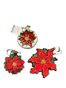 3 Poinsettia Glass Christmas Ornament Mixed Lot Embellished Shiny Elegant Decor - Picture 1 of 15