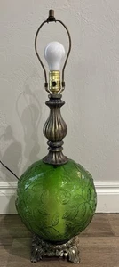 VTG  GREEN GLASS GLOBE LAMP BASE ROSE Hollywood Regency Mid Century Modern Works - Picture 1 of 23