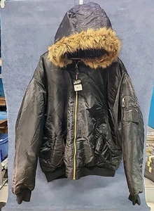 Blue 7 Black MA-1 Military Faux Fur Hooded Flight Jacket 4XL Vint Y2K NEW CL15 - Picture 1 of 3