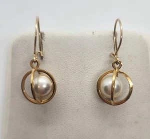 Estate 14 K Yellow Gold With Pearl Drop Earrings Jeweler Authenticated 1.52 Gram - Picture 1 of 8