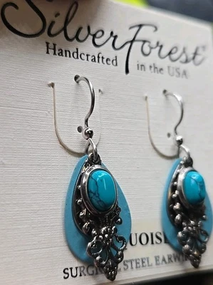 Silver Forest Earrings Oval Turquoise Filigree Teardrop Layered Dangle  - Image 1 of 4