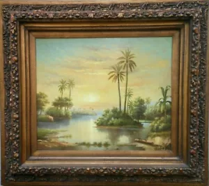 Dipinto olio paesaggio tropicale 20" x 24" palme tramonto cornice ornata G. Cotiler - Foto 1 di 12