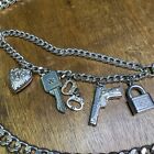 Chain Link Waist Belt With Charms Adjustable Silver Metal Heart Key Lock Cuff