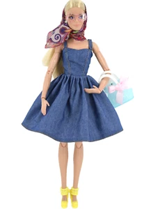 Fashion Doll Clothes For Barbie 11.5" 1/6 DENIM DRESS~SCARF~GLASSES~SHOES~BAG - Picture 1 of 3