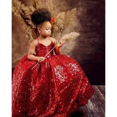 Red Sequins Girls Dresses Halter Sequined Lace Kids Birthday Girl Pageant Gowns - Image 1 of 4