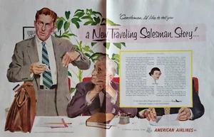Anuncio de aviación American Airlines "Traveling Salesman" Al Parker Art Vintage 1952 - Imagen 1 de 1