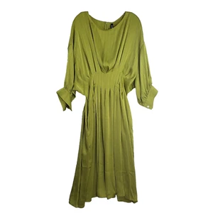 Stylewe Midikleid Damen 2XL Grün Satin Laternenärmel Plissee Minimalistisch Neu mit Etikett - Bild 1 von 14