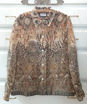 Blusa Alfred Dunner Talla 16 Semi Transparente Malla Cuello Abotonado Guepardo Tono Tierra Foto 1 de 4