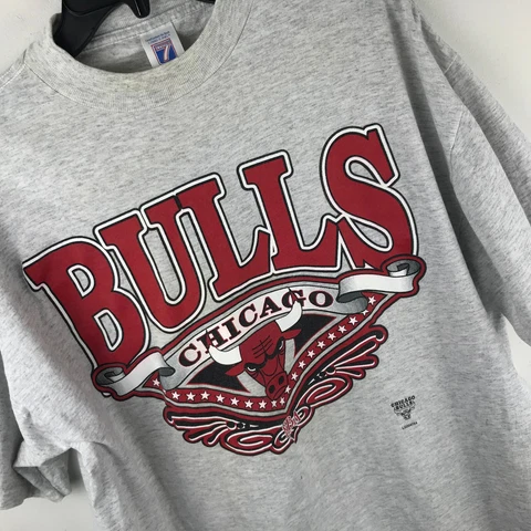 Vtg 90s Logo 7 Gray Chicago Bulls T-shirt L ~ NBA Basketball ~ BLEEDING ~ SPOTS Cover